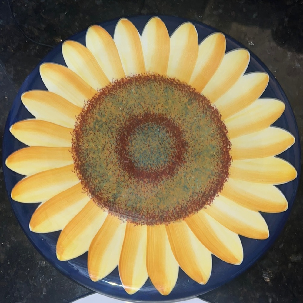 Pure Art Vintage Sunflower Blue Round Pottery Plate Apples and Bees Carol Endres